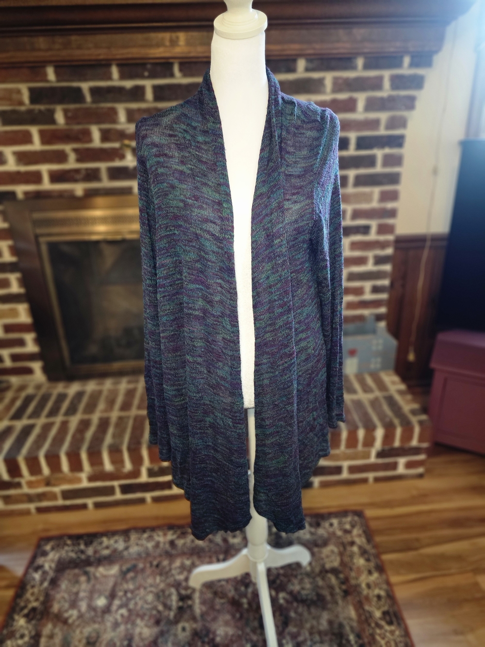 Open-Front Multicolor Knit Cardigan — Blue, Purple & Green
